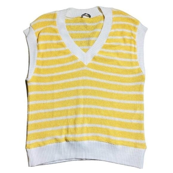 Zara Yellow White Knit Vest Oversized Size Medium - Picture 1 of 7